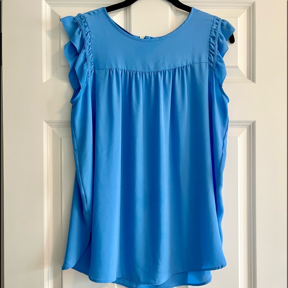 Like New LOFT Solid Blue Ruffle Sleeve Shell